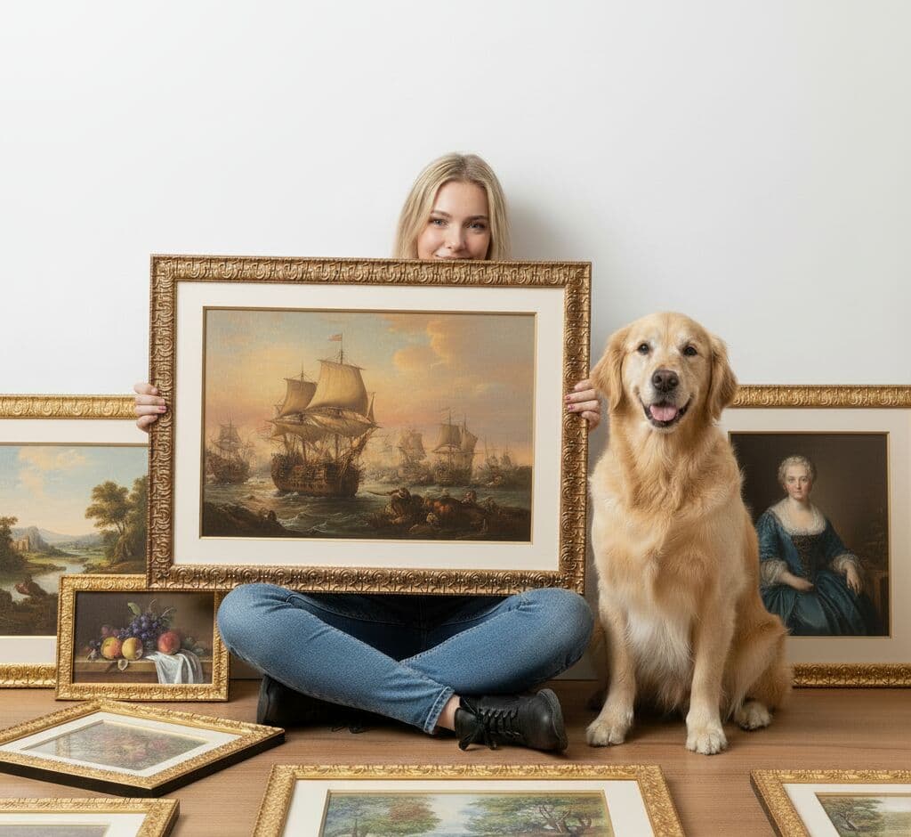 Woman with golden retriever surrounded by Ornate Gold Frame framed classical paintings including maritime ships still life and portraits demonstrating luxurious gold styling for art collector displays and heirloom pieces