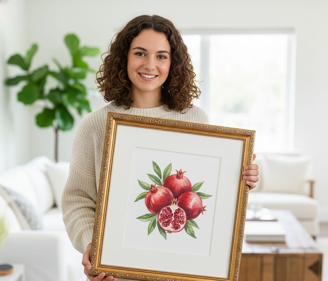 Ornate Gold Frame presenting pomegranate botanical watercolor print held by customer demonstrating intricate gold detailing ideal for botanical illustrations and nature artwork
