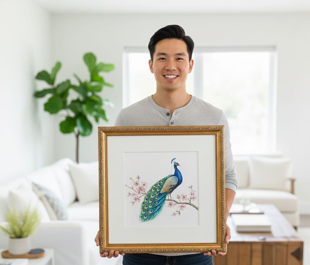 Ornate Gold Frame with peacock watercolor artwork showcasing ornamental bronze finish designed for decorative bird illustrations and Asian-inspired art