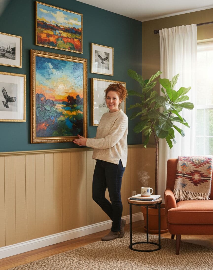 Ornate Gold frames in sophisticated gallery wall arrangement with impressionist landscape paintings and bird photography demonstrating versatile ornate styling for coordinated fine art displays