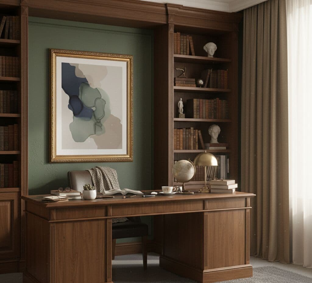 Ornate Gold Frame displaying abstract watercolor art in traditional home office library with warm green walls showcasing elegant gold finish for contemporary and classical artwork