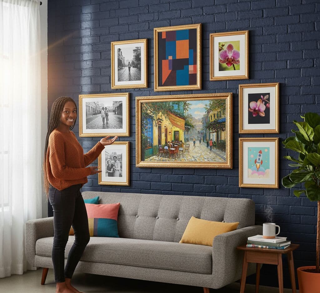 Ornate Gold frames creating dramatic gallery wall on dark painted brick with mixed artwork styles including street photography abstract prints and botanical art demonstrating ornate frame versatility