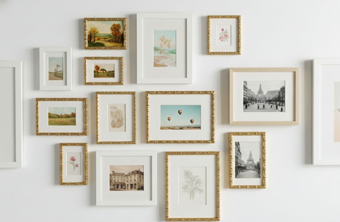 Ornate Gold Frame and white frames in curated gallery wall display with landscape paintings botanical prints and vintage photography showcasing mixed frame styling for elegant coordinated arrangements