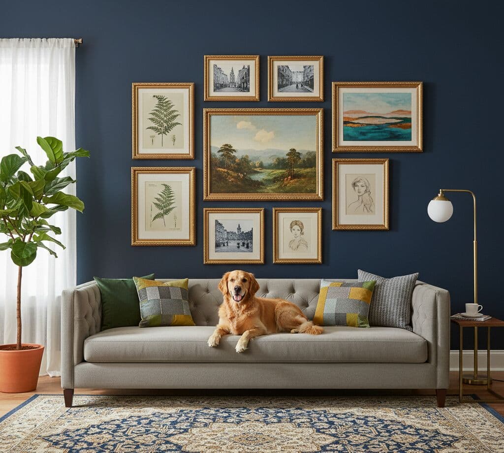Ornate Gold frames in elegant living room gallery wall on navy blue walls showcasing classic artwork sketches and fern prints above tufted gray sofa with golden retriever demonstrating ornate gold styling for traditional interiors
