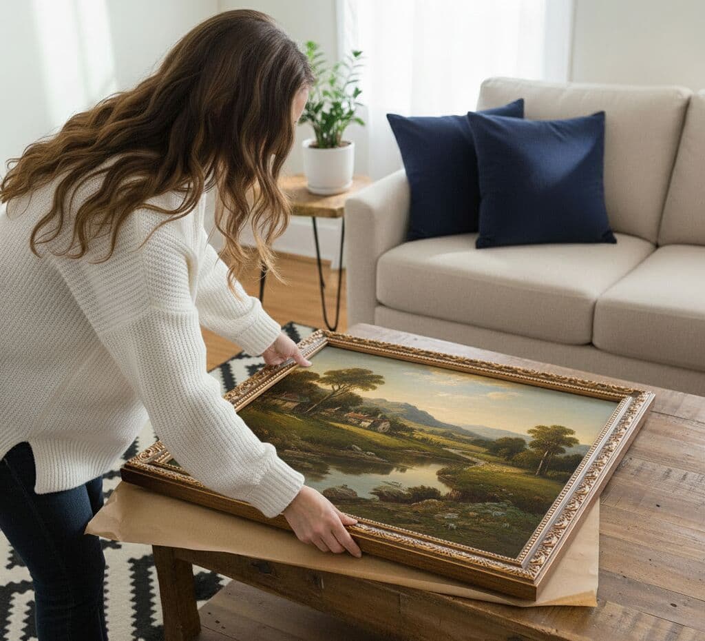Woman unpacking Ornate Gold Frame framed oil landscape painting on rustic coffee table in bright modern living room demonstrating decorative gold frame a strong choice for classical artwork and heirloom pieces