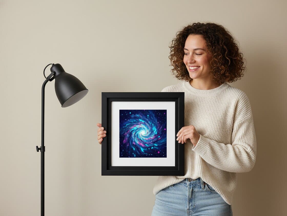 Smiling woman in cream sweater holding Modern Black frame with colorful galaxy artwork in cozy modern interior demonstrating bold black stepped profile tailored for space and astronomy photography