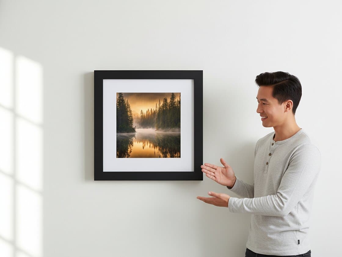Man gesturing toward framed sunrise landscape photograph in sleek Modern Black frame hanging on bright white wall showcasing impressive depth and contemporary styling