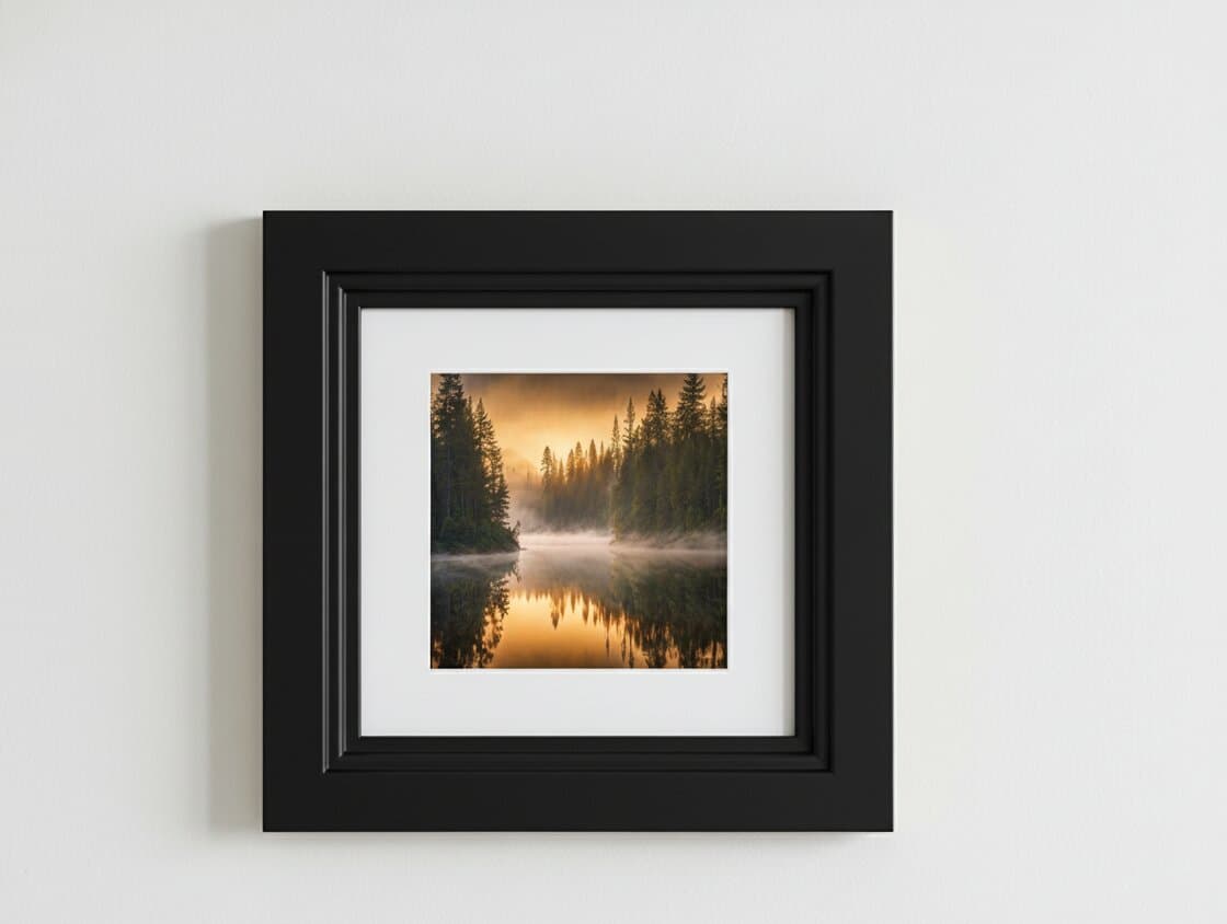 Close-up of Modern Black frame with substantial stepped profile displaying sunrise forest photograph on clean white wall highlighting precision craftsmanship and bold 1.5 inch moulding depth