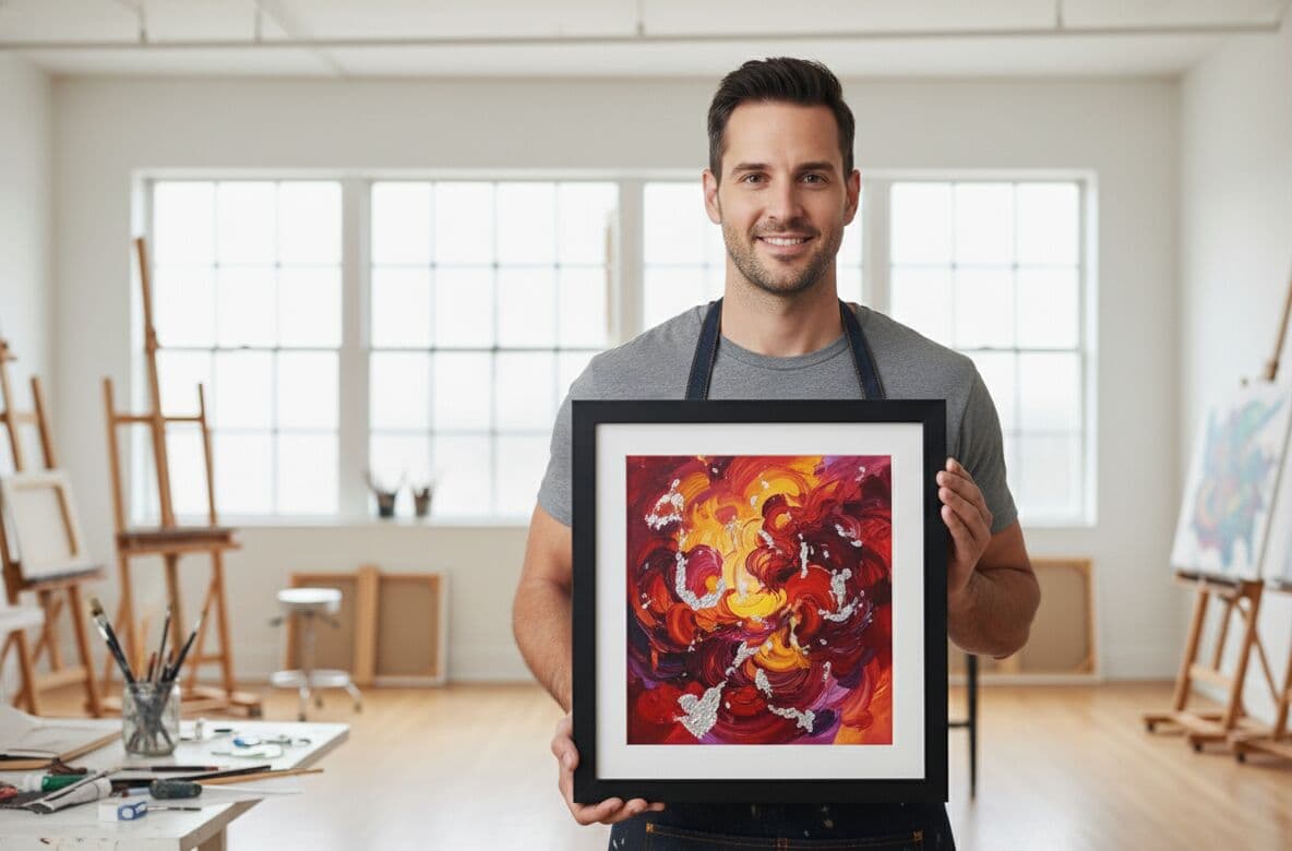 Male artist in apron and gray t-shirt holding Modern Black Frame displaying vibrant abstract expressionist painting with explosive crimson red, burgundy, golden yellow, and white swirling brushstrokes in bright professional art studio with floor-to-ceiling industrial grid windows, wooden easels, paint supplies, and natural daylight demonstrating substantial 1.5 inch stepped black profile for bold contemporary abstract artwork and creative studio spaces