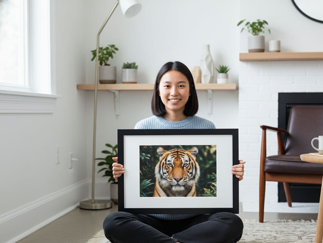 Smiling woman in powder blue sweater sitting cross-legged on floor holding Modern Black Frame with white mat displaying striking wildlife photograph of orange and black striped Bengal tiger with piercing amber eyes in lush jungle foliage in bright Scandinavian living room with white subway tile walls, floating wood shelves, potted plants, leather armchair, and natural window light demonstrating bold black stepped profile for nature photography and wildlife art