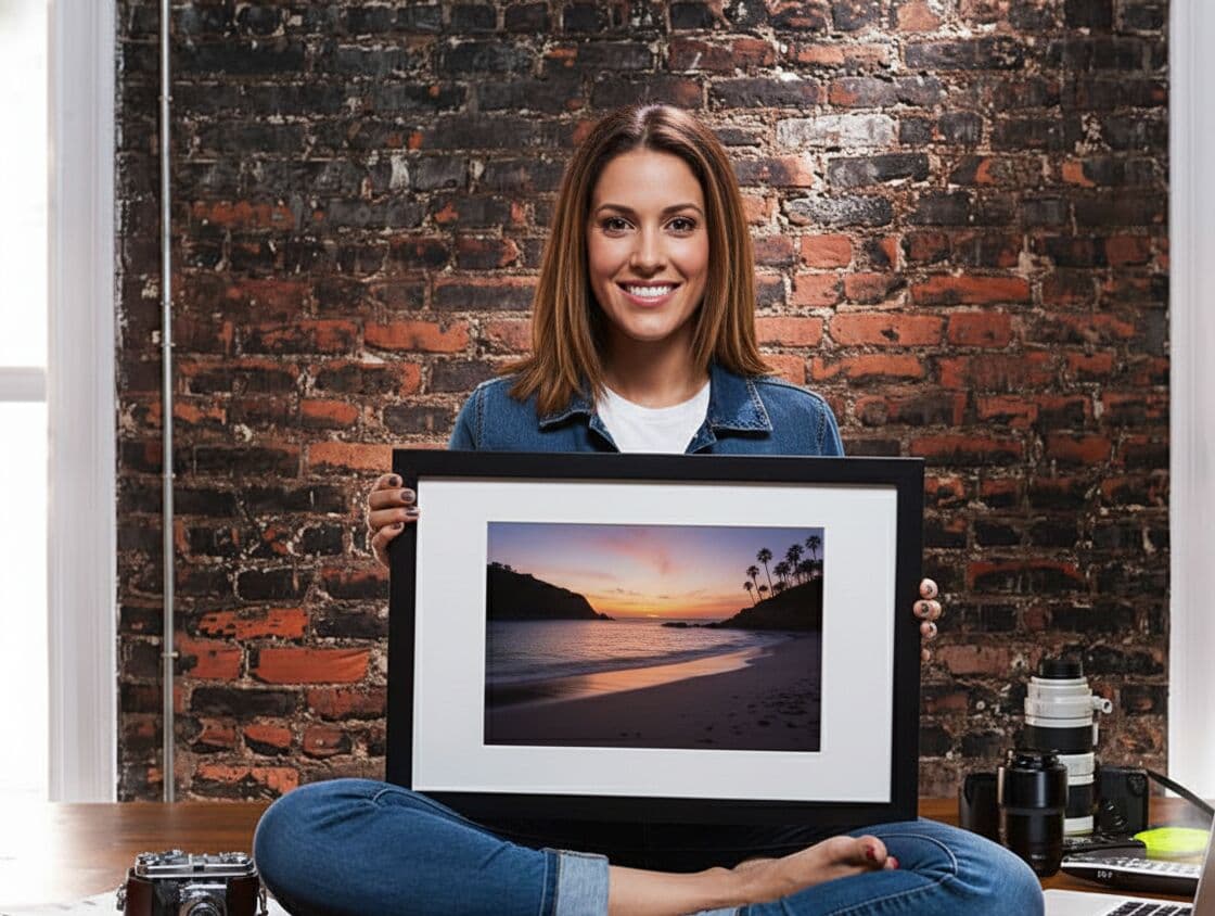 Professional woman photographer in denim jacket sitting cross-legged on wood floor holding Modern Black Frame displaying serene tropical beach sunset photograph with palm tree silhouettes and pink purple sky reflections in industrial loft photography studio with exposed brick walls, camera equipment, natural window light, and laptop workspace demonstrating substantial black stepped profile for landscape photography and travel prints