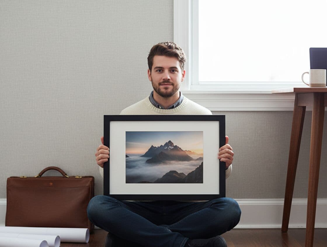 Bearded man in cream cable-knit sweater sitting cross-legged on floor holding Modern Black Frame with white mat displaying dramatic mountain landscape photograph with jagged snow-capped peaks emerging from misty clouds at golden hour in minimalist Scandinavian interior with soft gray walls, leather briefcase, wood furniture, and natural window light demonstrating bold 1.5 inch stepped black profile for nature photography and adventure landscape prints