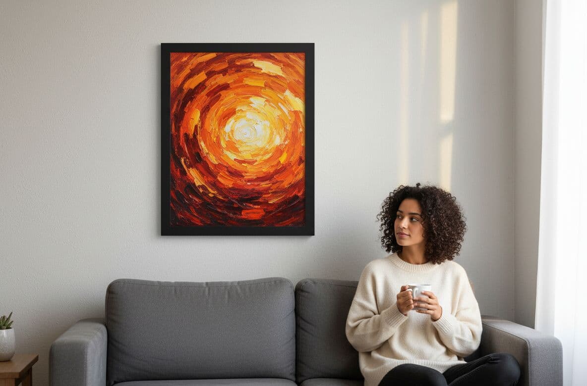 Woman with curly dark hair in oversized cream sweater holding coffee cup contemplating large Modern Black Frame displaying dramatic abstract expressionist painting with fiery orange, red, crimson, and golden yellow concentric circular brushstrokes radiating from luminous center on soft gray wall in minimalist modern living room with gray sofa and natural window light demonstrating substantial black stepped profile for bold contemporary abstract artwork and modern interiors