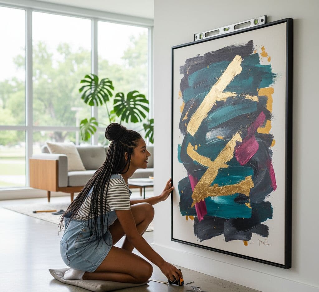 Young woman with long braided hair in striped t-shirt and denim shorts kneeling with level tool hanging oversized Modern Black Frame displaying bold abstract expressionist painting with dramatic teal, navy, charcoal gray, gold, and magenta brushstrokes on crisp white wall in bright contemporary living room with floor-to-ceiling windows, monstera plant, modern sofa, and natural light demonstrating substantial 1.5 inch stepped black profile for large-scale contemporary abstract art and modern minimalist interiors