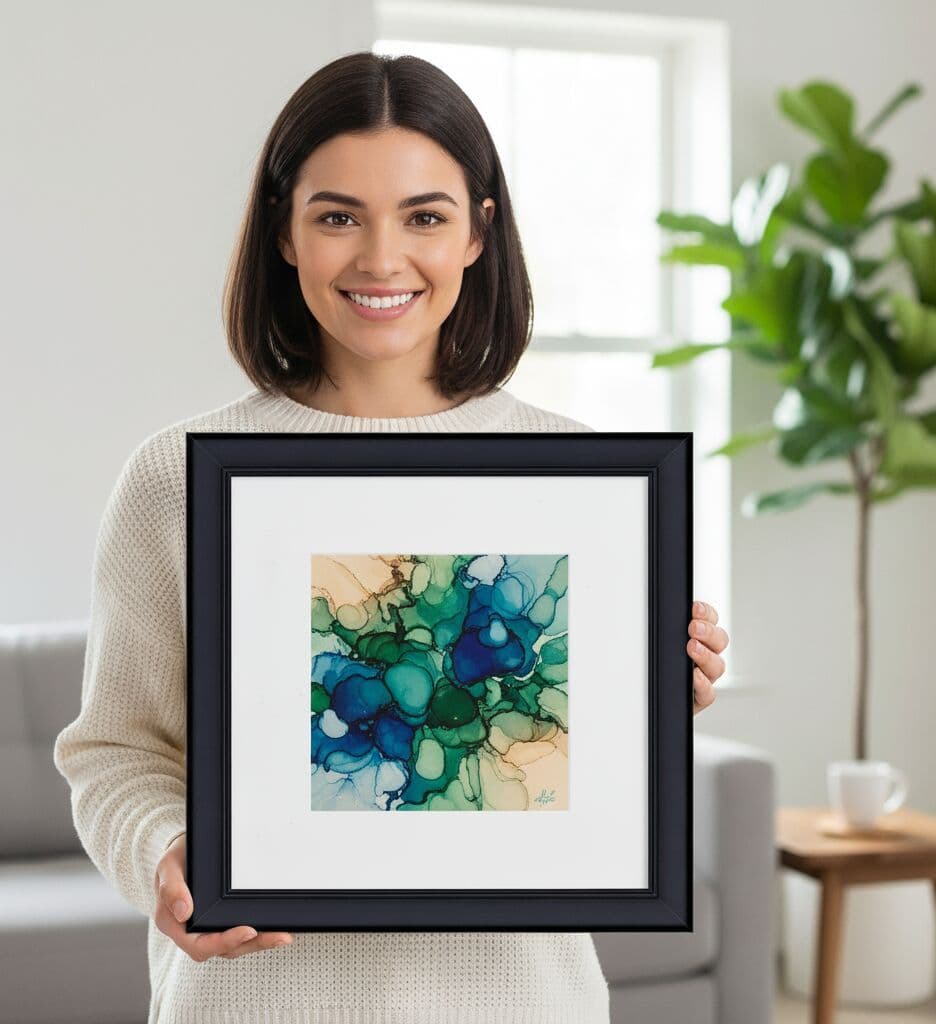 Person holding Modern Black Frame framed abstract watercolor artwork with teal and green tones showing elegant presentation a strong choice for contemporary art display