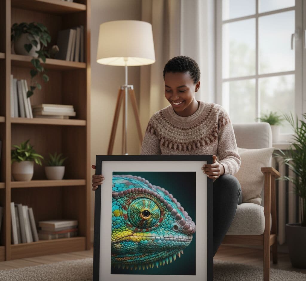 Smiling woman in beige Fair Isle patterned sweater sitting on beige armchair holding Modern Black Frame displaying vibrant macro wildlife photograph of turquoise, teal, yellow, and purple chameleon with intricate scaled texture and golden eye in warm modern living room with wood bookshelf, potted plants, floor lamp, and natural window light demonstrating bold black stepped profile for macro photography and exotic wildlife prints