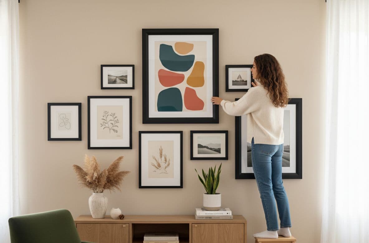 Woman standing on step stool arranging asymmetric gallery wall of Modern Black Frame featuring large abstract geometric art centerpiece with teal, terracotta, and mustard organic shapes surrounded by minimalist botanical line drawings, delicate wheat stalk illustrations, and black-and-white landscape photographs on warm beige wall above natural wood credenza with pampas grass, snake plant, books, and green velvet armchair demonstrating versatile black stepped profile for modern eclectic gallery wall styling