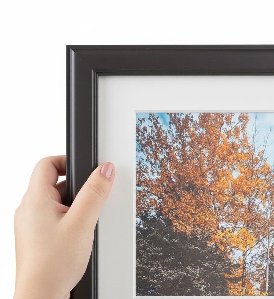 Modern Black Frame corner detail close-up showcasing autumn tree photography with white mat highlighting substantial stepped profile and precision craftsmanship