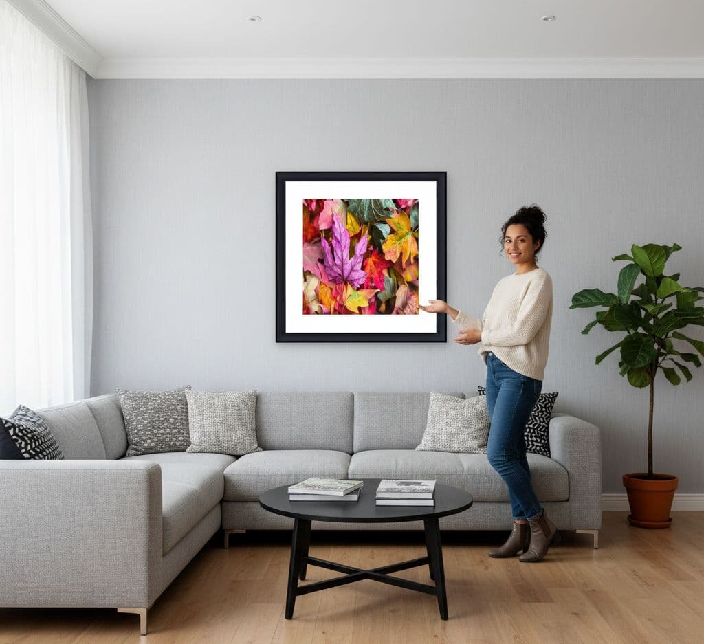 Modern Black Frame displaying vibrant autumn leaves artwork in contemporary living room with gray sofa demonstrating bold modern interior styling