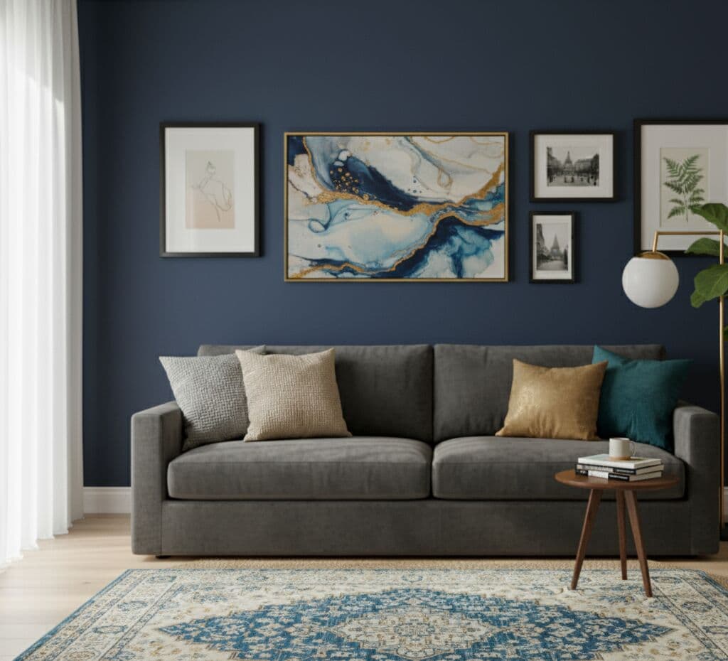 Modern Black frames in curated gallery wall arrangement on navy blue accent wall featuring botanical prints and abstract artwork with gold-framed centerpiece