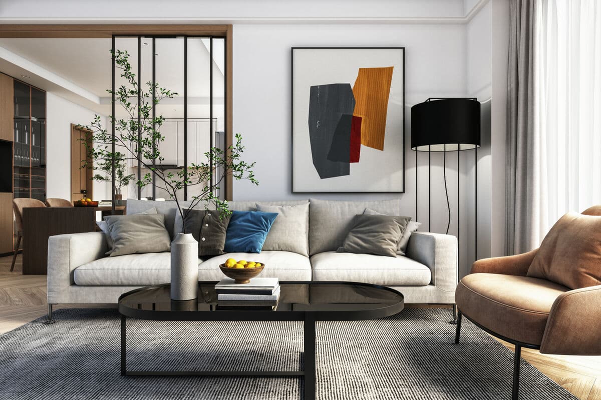 Modern Black Frame with large abstract geometric artwork in contemporary living room featuring modern furnishings demonstrating substantial profile built for statement art