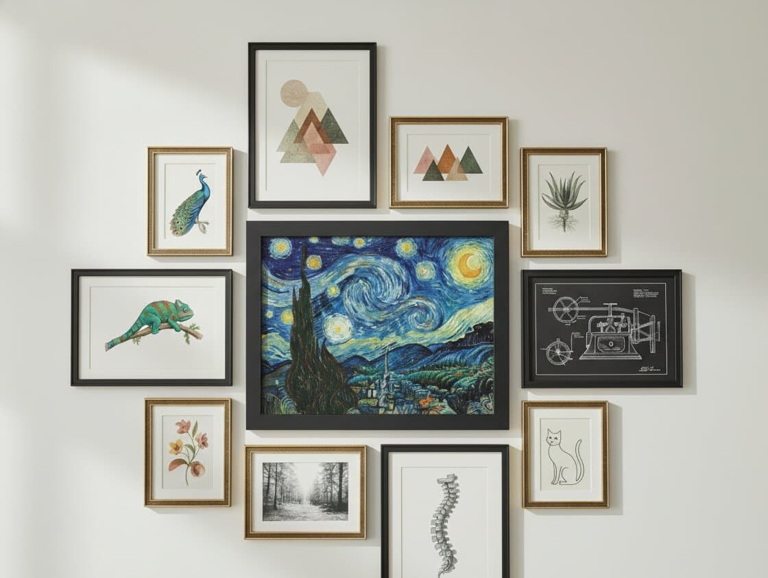 Modern Black Frame and gold frames in curated gallery wall displaying Starry Night reproduction botanical prints and geometric artwork in bright modern living space showcasing versatile stepped profile styling