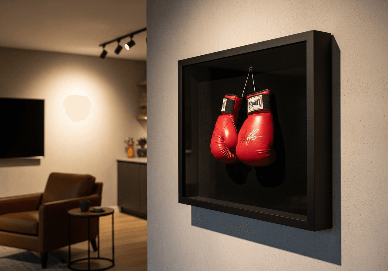 Ultra Deep Matte Black shadow box frame on light gray wall displaying signed red boxing gloves on black velvet backing in modern sports den with leather armchair and warm gallery spotlights emphasizing 3.5 inch frame depth