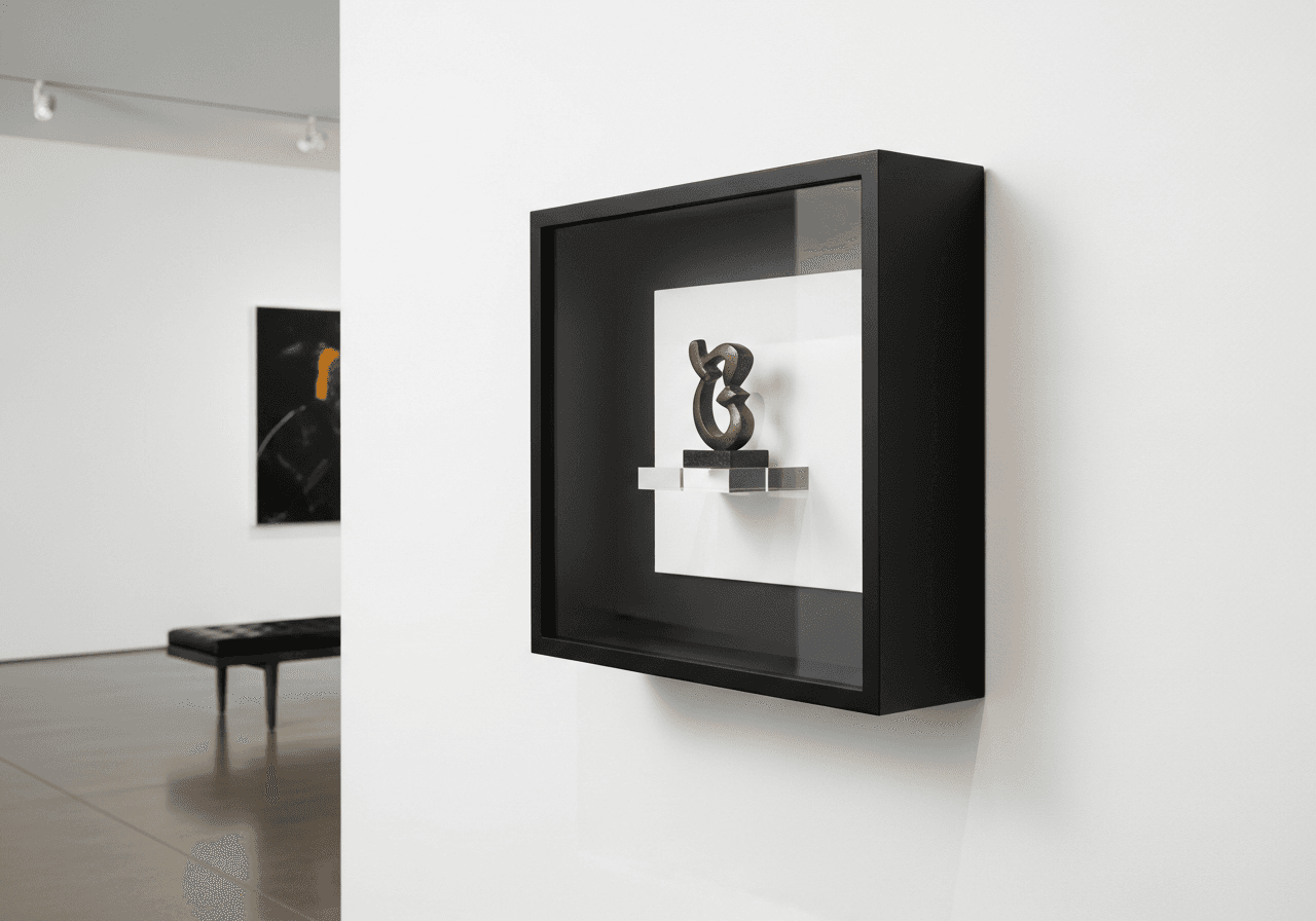 Ultra Deep Matte Black shadow box frame on pure white gallery wall displaying small abstract bronze sculpture on acrylic pedestal against white museum board backing in contemporary art collector home with clean gallery lighting