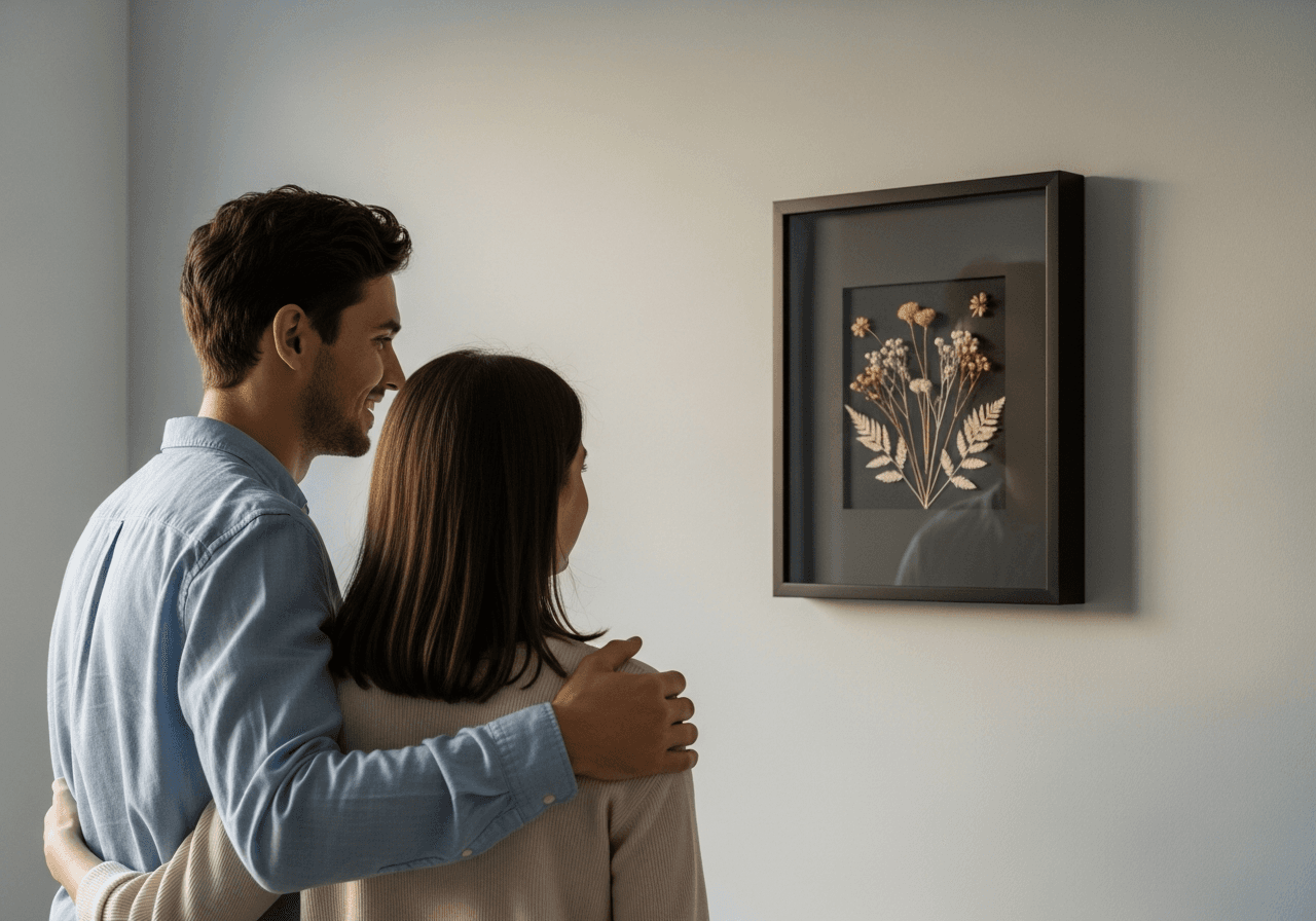 Young couple standing in living room admiring Ultra Deep Matte Black shadow box frame containing preserved dried wedding flowers on light gray wall with warm natural afternoon light in modern minimalist apartment