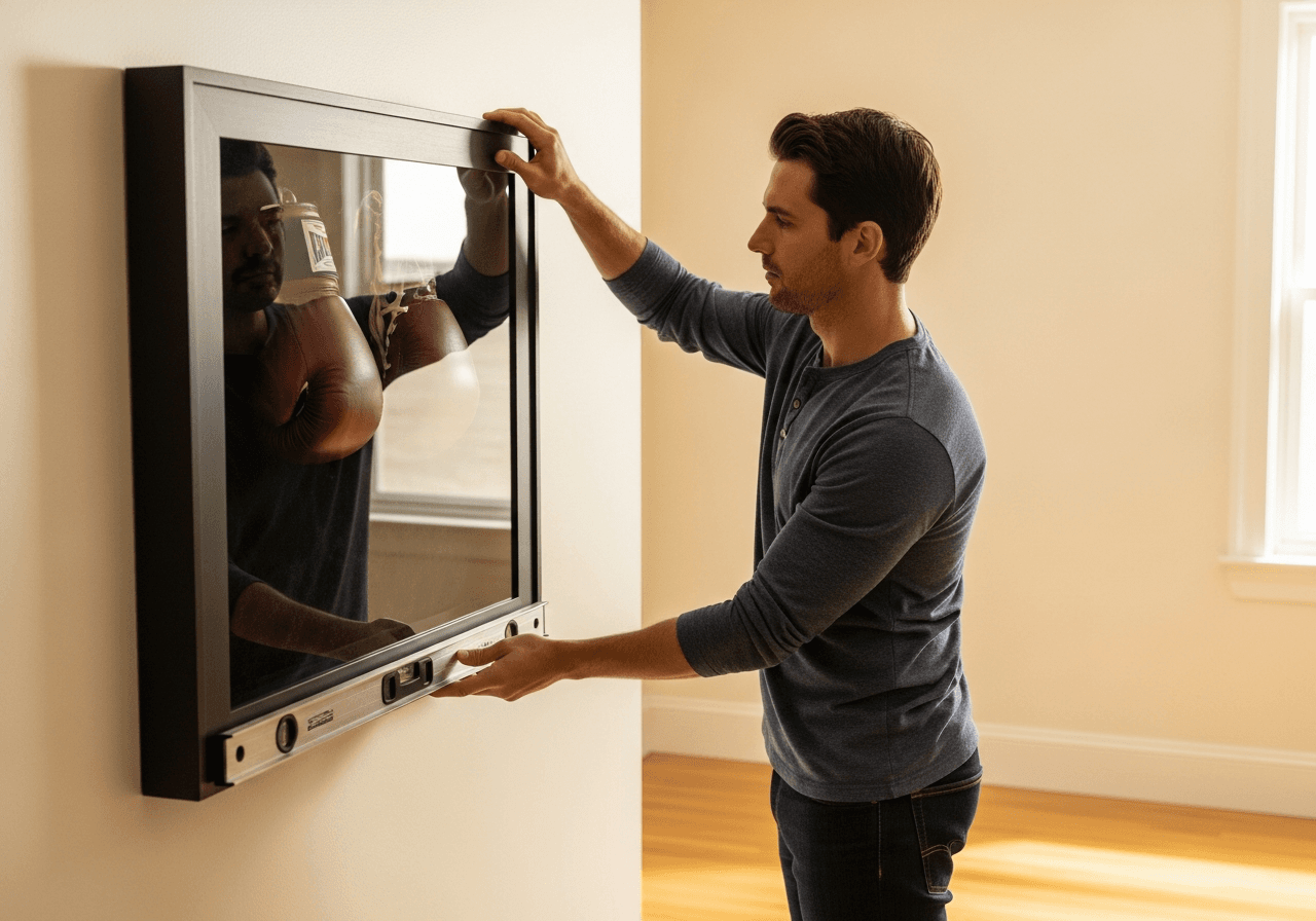 Man in casual henley carefully hanging large Ultra Deep Matte Black shadow box frame containing boxing gloves on cream wall using level tool in bright airy room with hardwood floors and natural light