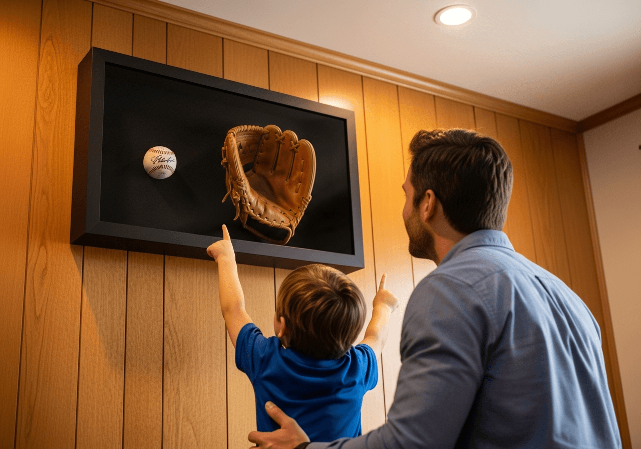 Father and young son standing together looking up at Ultra Deep Matte Black shadow box frame containing signed baseball and vintage mitt on dark felt in warm wood-paneled den