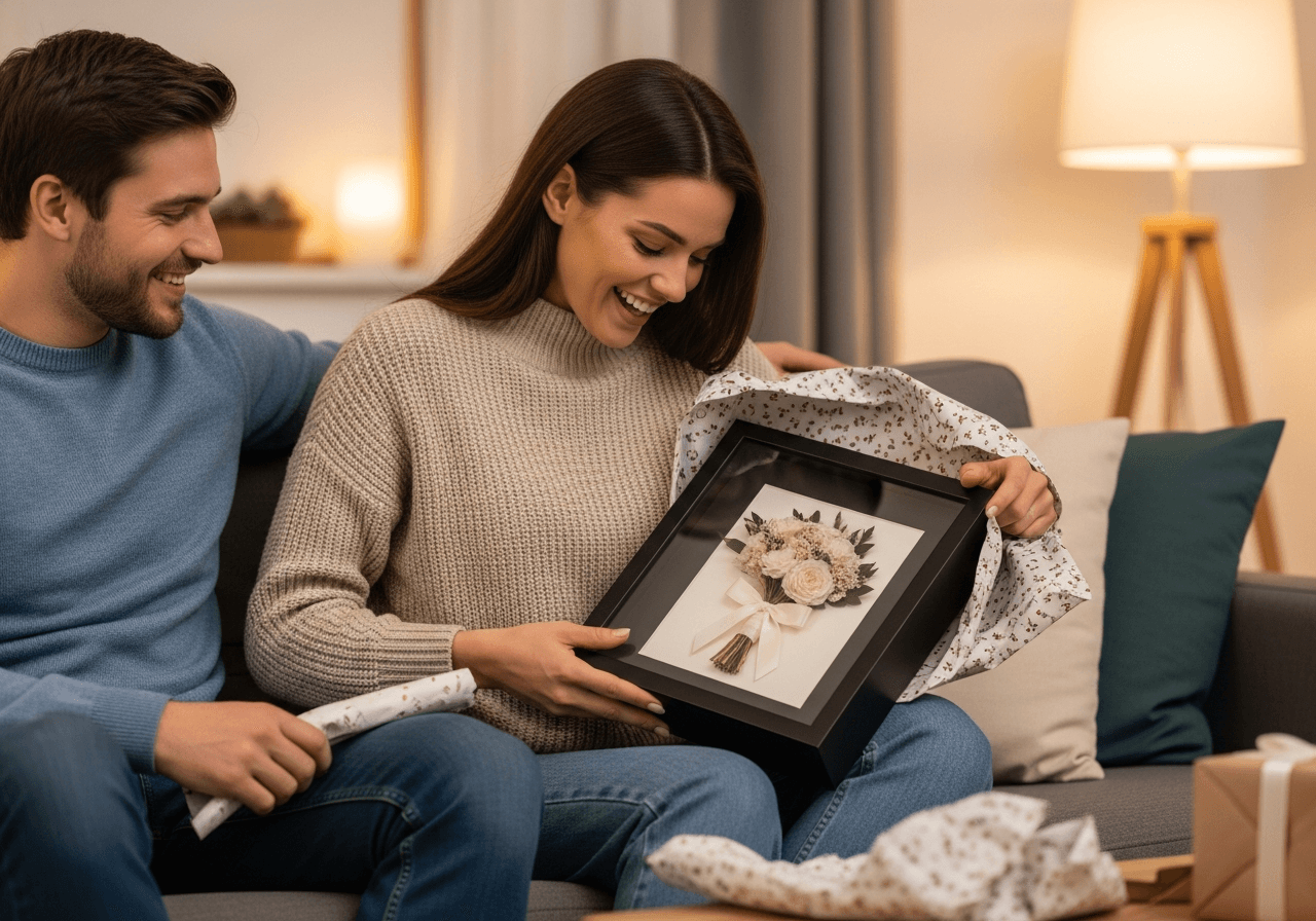 Woman on sofa unwrapping Ultra Deep Matte Black shadow box frame as gift revealing preserved bridal bouquet against ivory backing with partner beside her in warm cozy living room