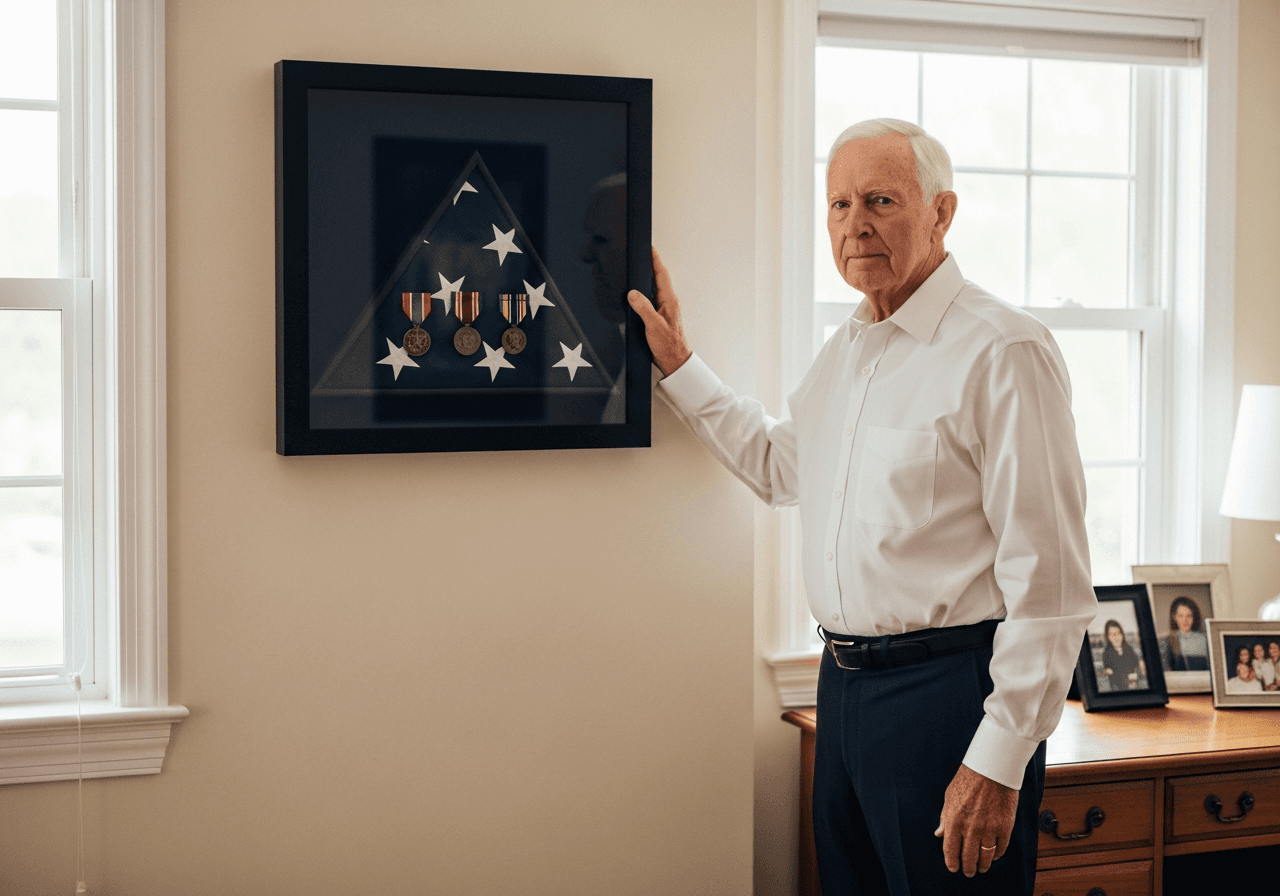 Older gentleman in white dress shirt standing proudly beside Ultra Deep Matte Black shadow box frame containing folded flag and military medals on navy velvet on ivory wall with family photos in background