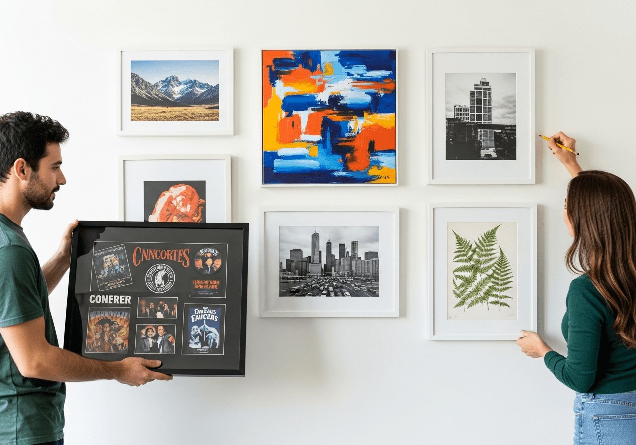 Two friends collaborating on gallery wall arrangement with one holding Ultra Deep Matte Black shadow box frame containing concert memorabilia while other marks wall with colorful artwork and photographs already hung in bright modern apartment