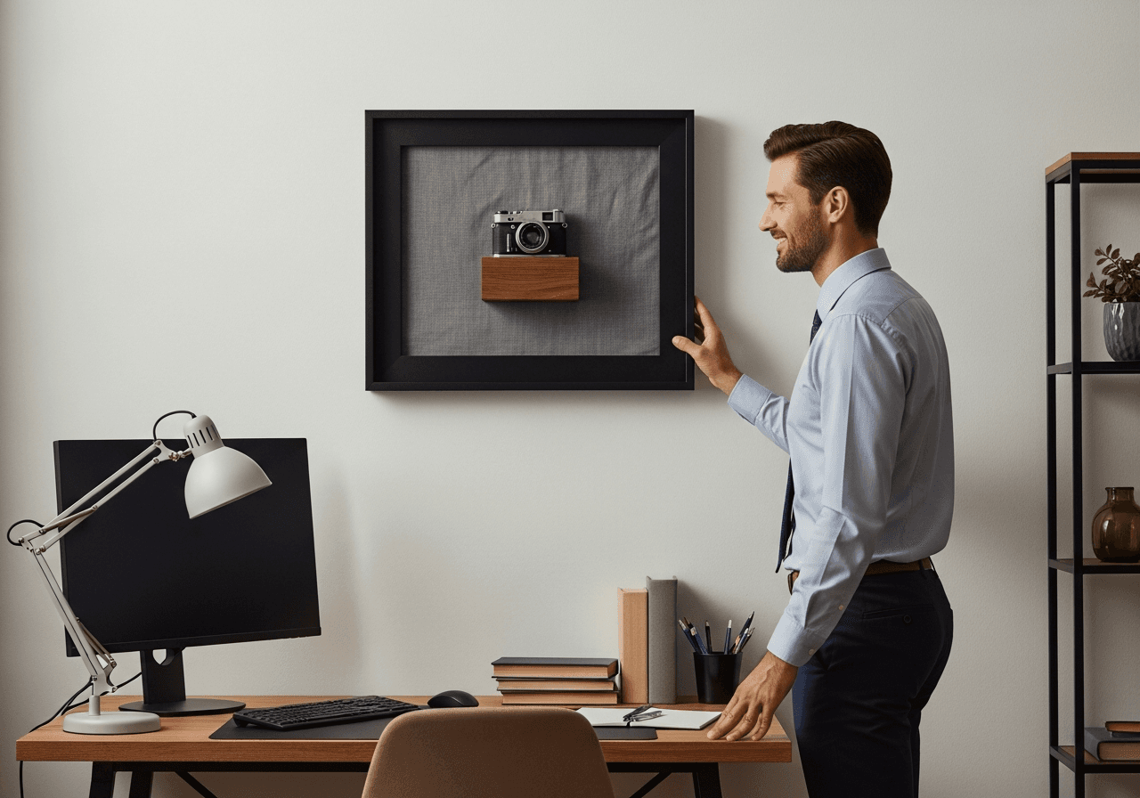 Man in business casual at home office desk with Ultra Deep Matte Black shadow box frame mounted behind him containing vintage camera on wooden block against gray linen in modern home office with warm lighting