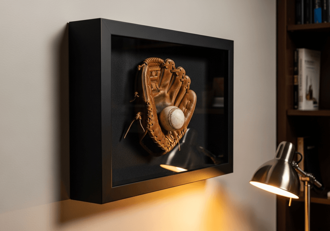 Ultra Deep Matte Black shadow box frame on off-white wall displaying vintage brown leather baseball glove with baseball on charcoal felt backing in home office study with warm desk lamp and bookshelves