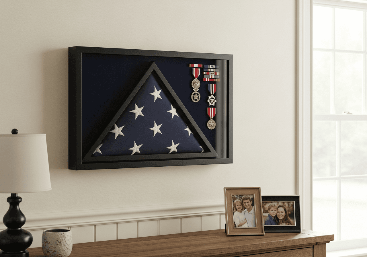 Ultra Deep Matte Black shadow box frame on ivory wall above wooden console displaying folded American flag with military service medals and ribbons on navy blue velvet backing with natural daylight
