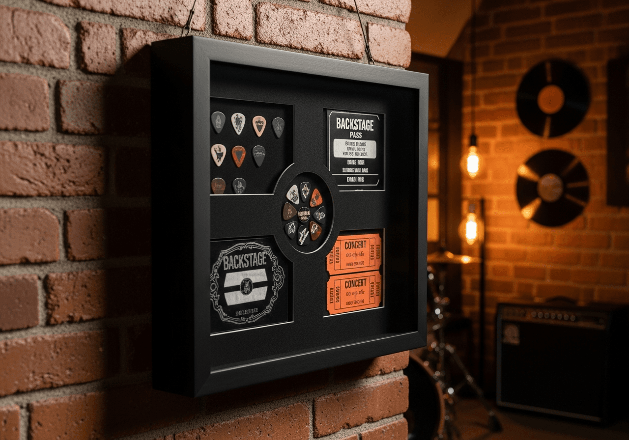 Ultra Deep Matte Black shadow box frame on exposed brick wall displaying concert memorabilia including guitar picks and ticket stubs on black felt backing in music studio loft with Edison bulb lighting