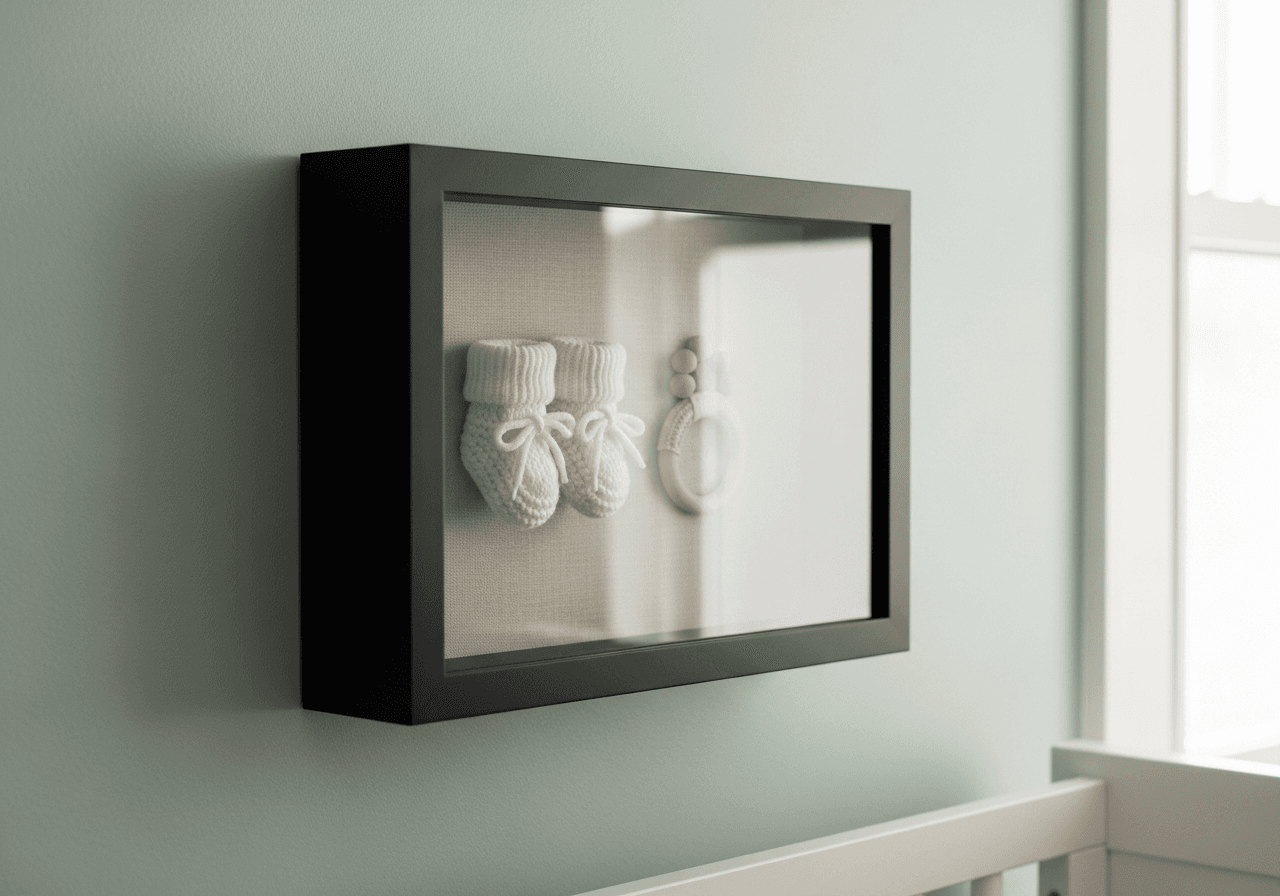 Ultra Deep Matte Black shadow box frame on sage green nursery wall displaying tiny white knitted baby booties and wooden teething ring on natural linen backing with gentle diffused natural light