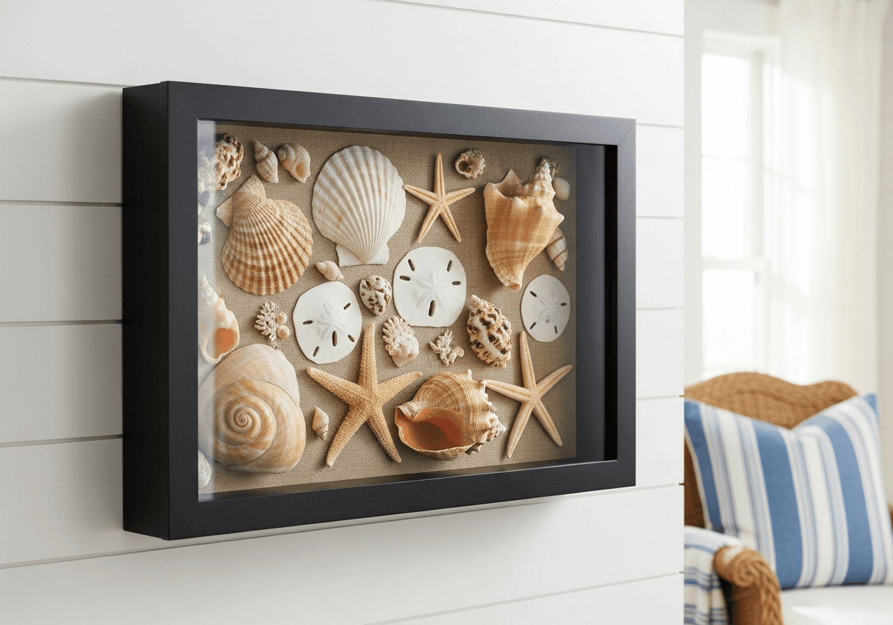 Ultra Deep Matte Black shadow box frame on white shiplap wall displaying curated seashell collection with starfish and sand dollars on natural sand and linen backing in coastal beach house with bright natural light