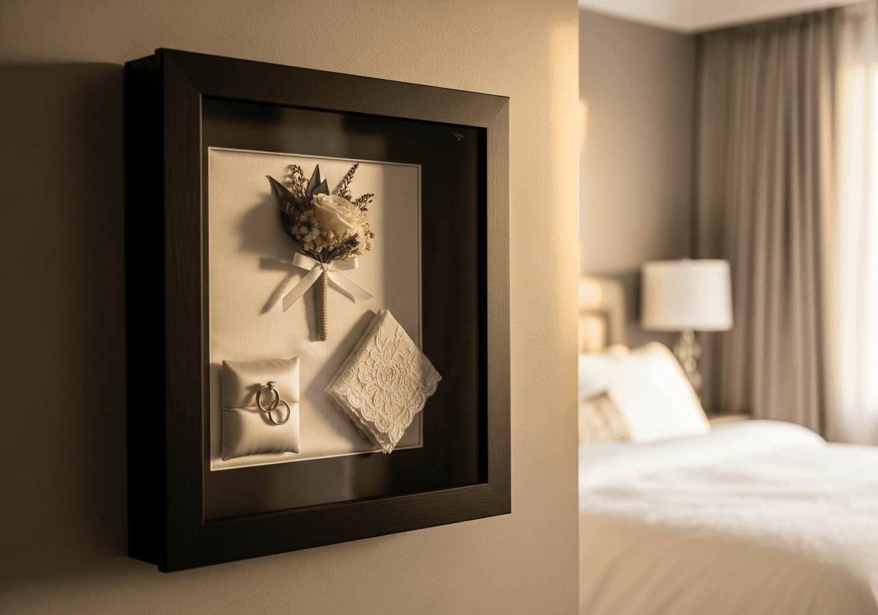 Ultra Deep Matte Black shadow box frame on warm taupe wall displaying preserved wedding items including dried boutonniere and wedding rings on ivory silk backing in elegant master bedroom with golden hour light