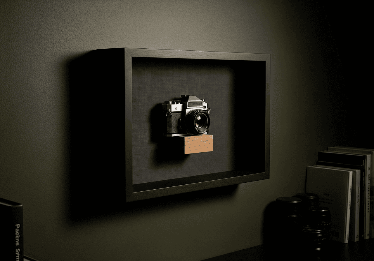 Ultra Deep Matte Black shadow box frame on dark olive green wall displaying vintage film camera on wooden block against gray linen backing in home studio with dramatic side lighting and photography books