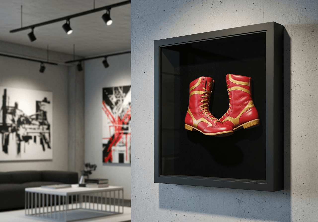 Ultra Deep Matte Black shadow box frame on concrete gray wall displaying red and gold wrestling boots on black velvet backing in modern industrial loft with gallery track lighting