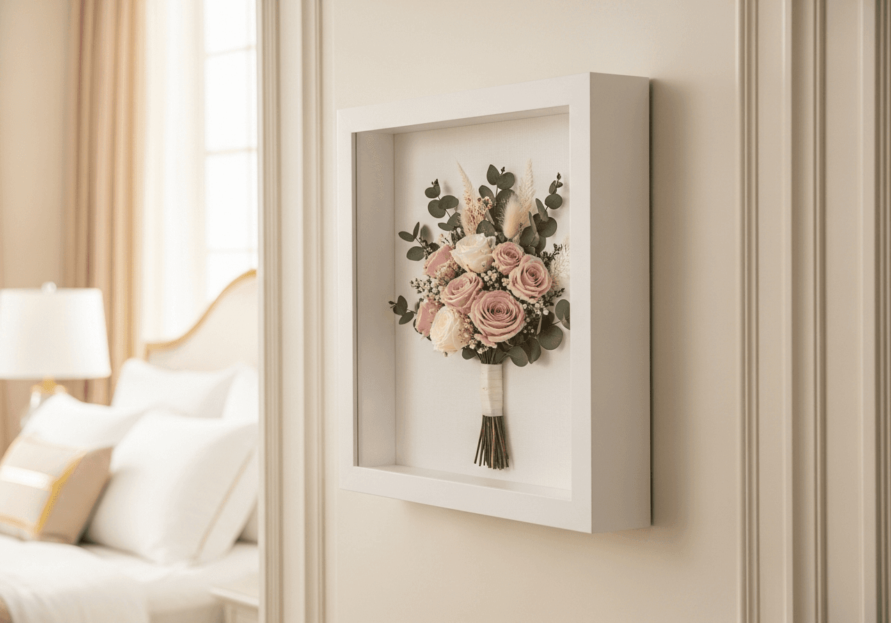Ultra Deep Bright White shadow box frame on soft cream wall displaying preserved dried wedding bouquet with blush pink and ivory roses and eucalyptus on white linen backing in elegant bedroom with natural window light