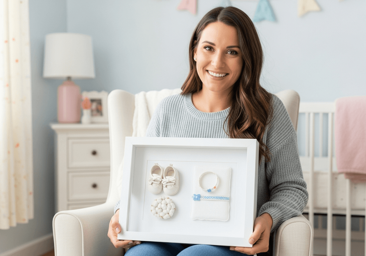 Young mother in soft sweater sitting in nursery rocking chair holding Ultra Deep Bright White shadow box frame containing tiny baby shoes and hospital bracelet on white cotton backing smiling warmly at camera