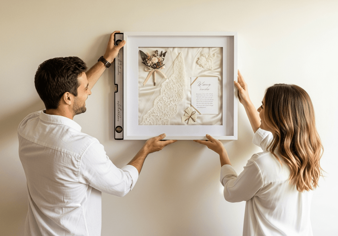 Couple hanging Ultra Deep Bright White shadow box frame on cream wall in living room with man holding frame level and woman stepping back to check alignment with preserved wedding mementos on silk backing inside