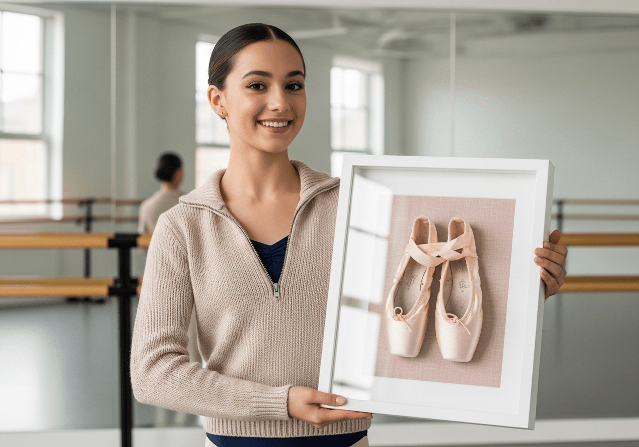 Young ballet dancer in leotard and warm-up sweater smiling and holding Ultra Deep Bright White shadow box frame containing first pair of worn pink ballet pointe shoes on blush linen backing in bright dance studio