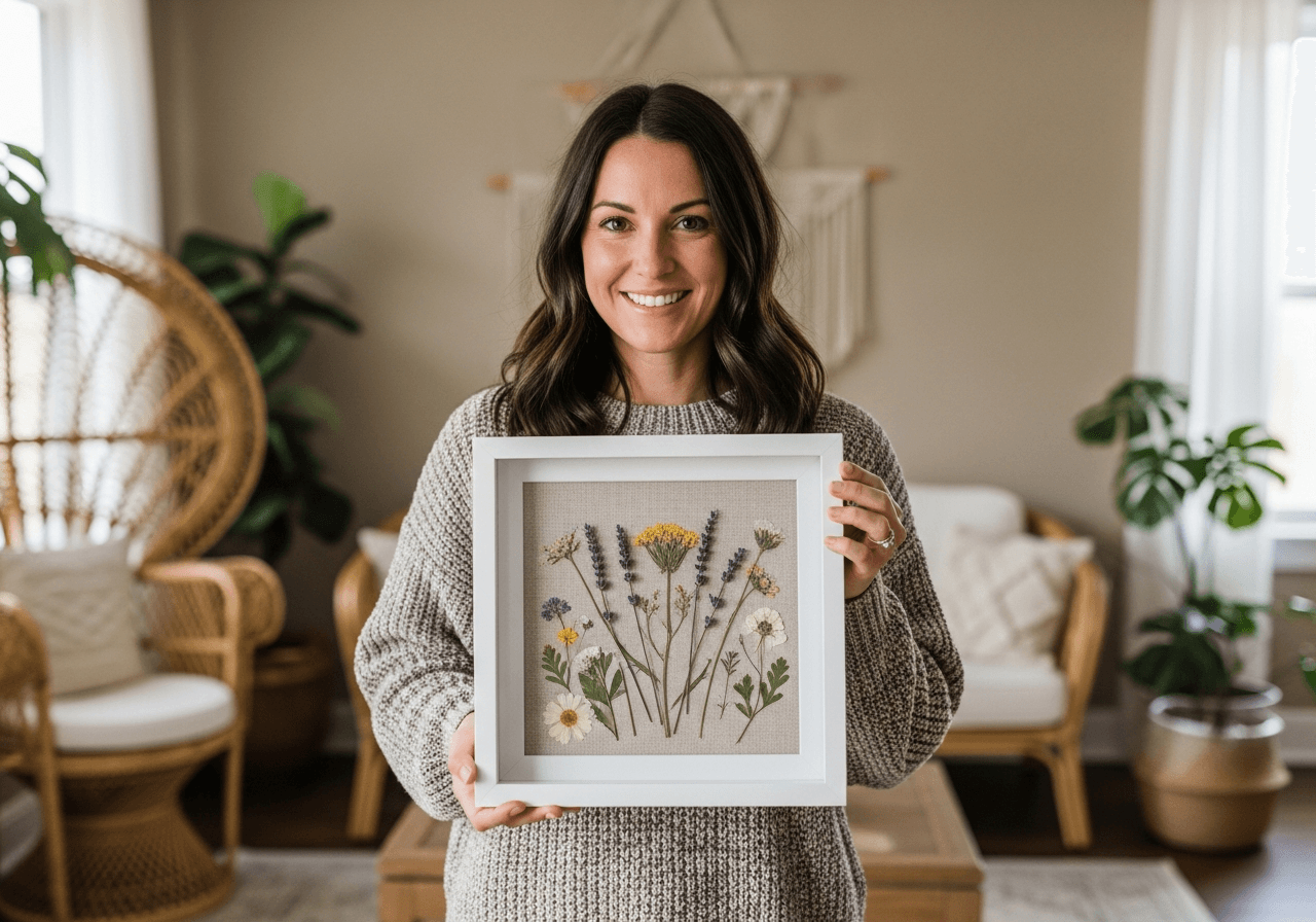 Smiling woman in cozy knit sweater standing in living room holding Ultra Deep Bright White shadow box frame containing artfully arranged pressed wildflowers and dried lavender on natural linen backing at chest height