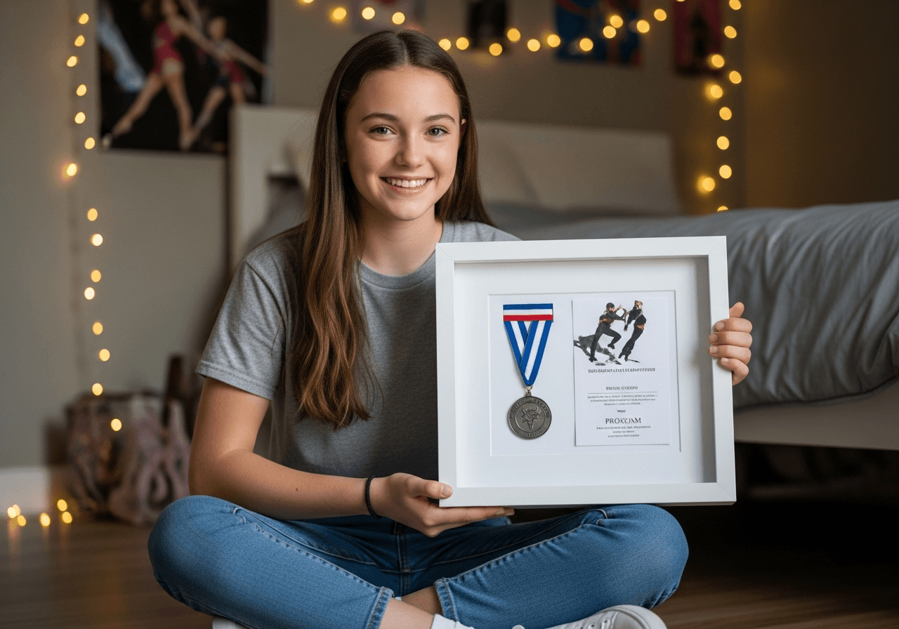 Teenage girl sitting cross-legged on bedroom floor smiling proudly holding Ultra Deep Bright White shadow box frame containing dance competition medal and program on white backing with string lights in background