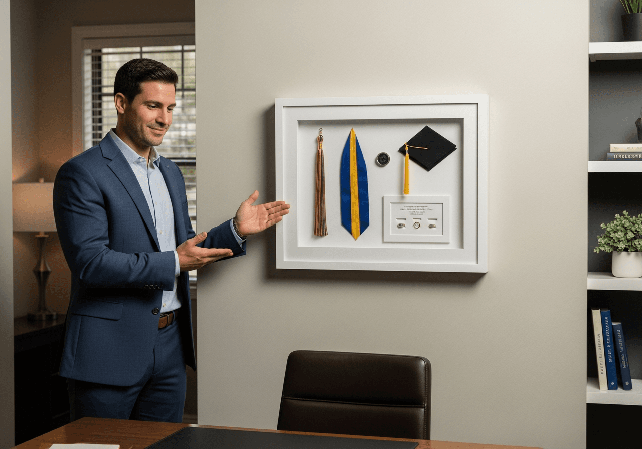 Man in smart casual attire standing in home office next to Ultra Deep Bright White shadow box frame mounted on wall containing graduation tassel diploma ribbon and class ring on white backing with satisfied smile